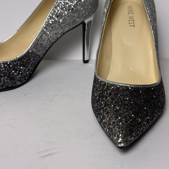 Nine West Women 9 Two Tone Ombre Coarse Glitter Fabric Silver Heels Pump Grey - Picture 10 of 16